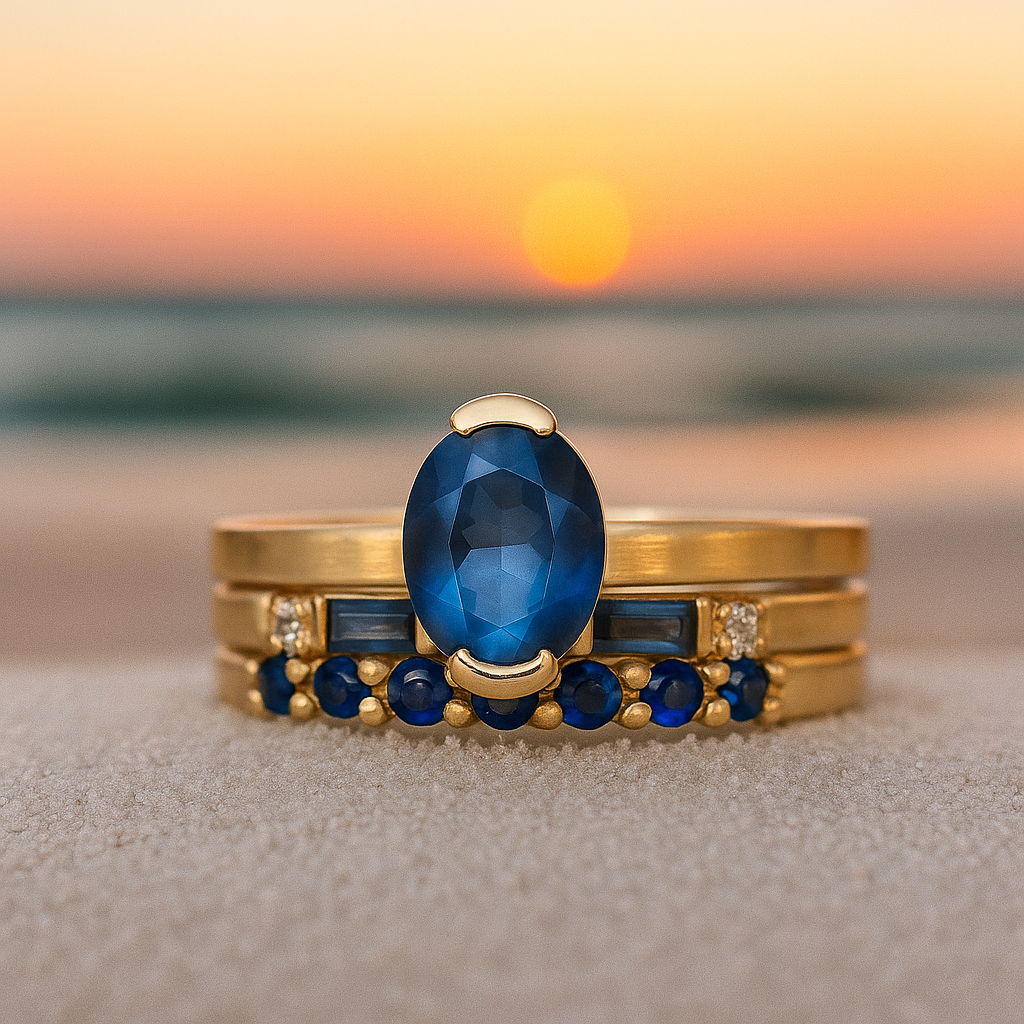 Golden Ocean – Handcrafted ring with blue stone and golden finish